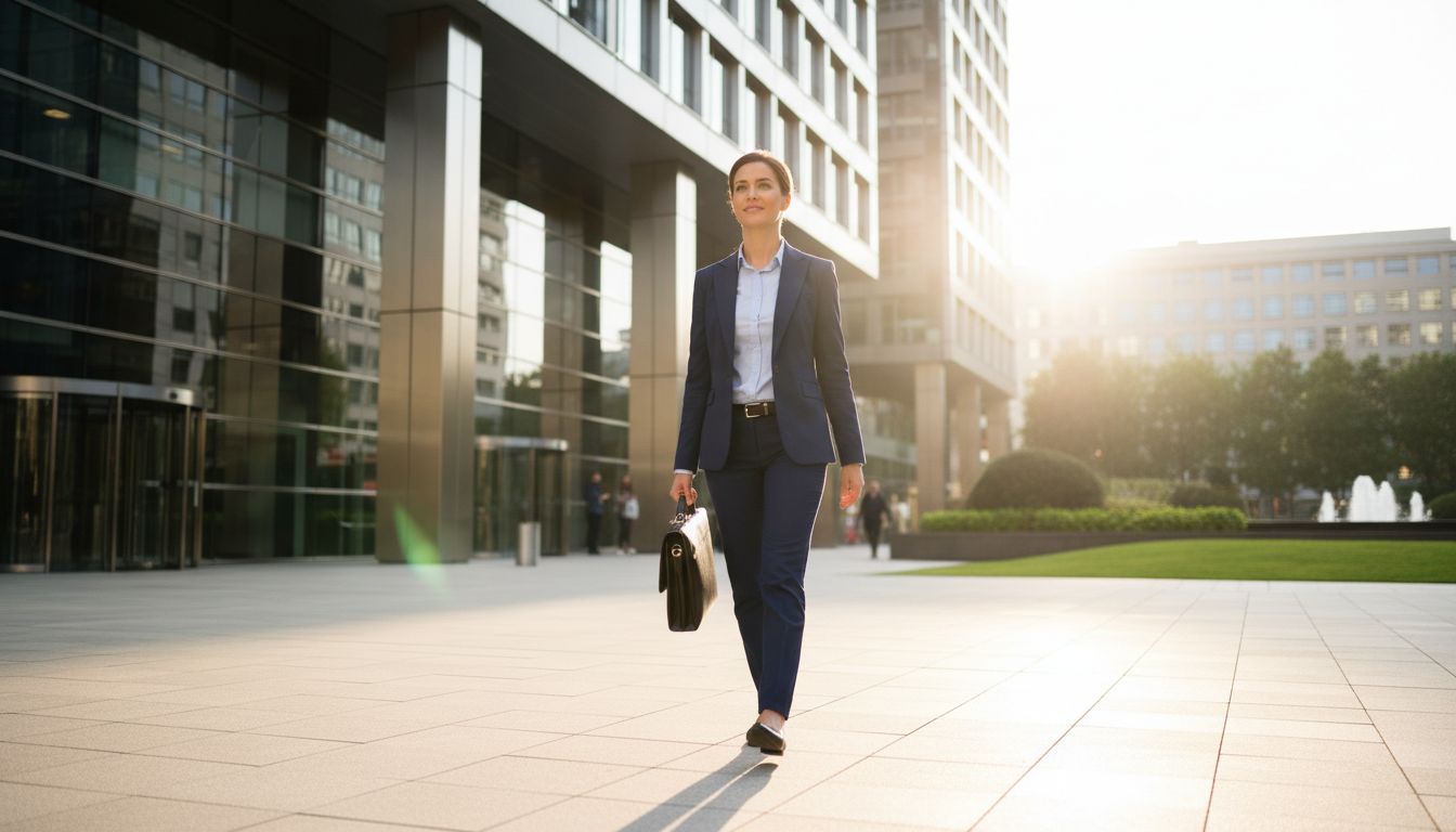 Person in business attire confidently returning to work after recovery