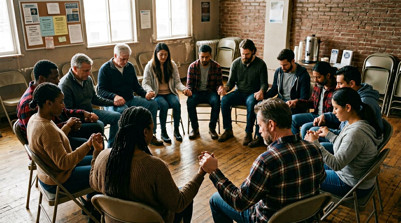 Recovery support group meeting in community center