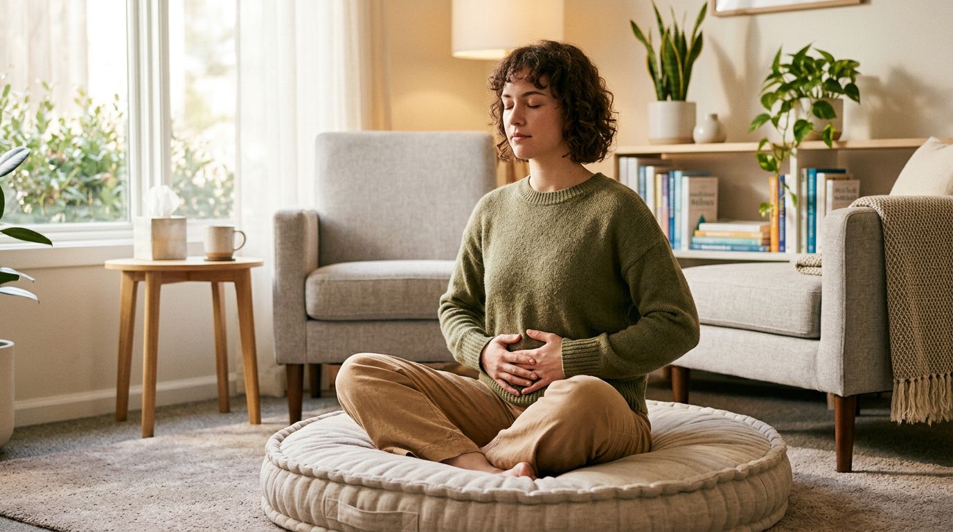 Person practicing mindfulness meditation in therapy room for anxiety management