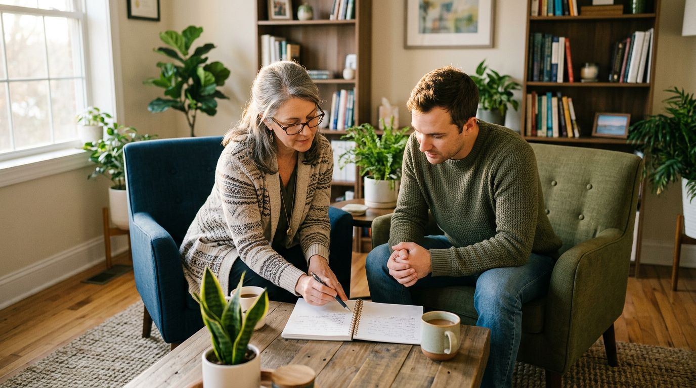 Dual diagnosis therapy session with therapist and patient reviewing mood journal
