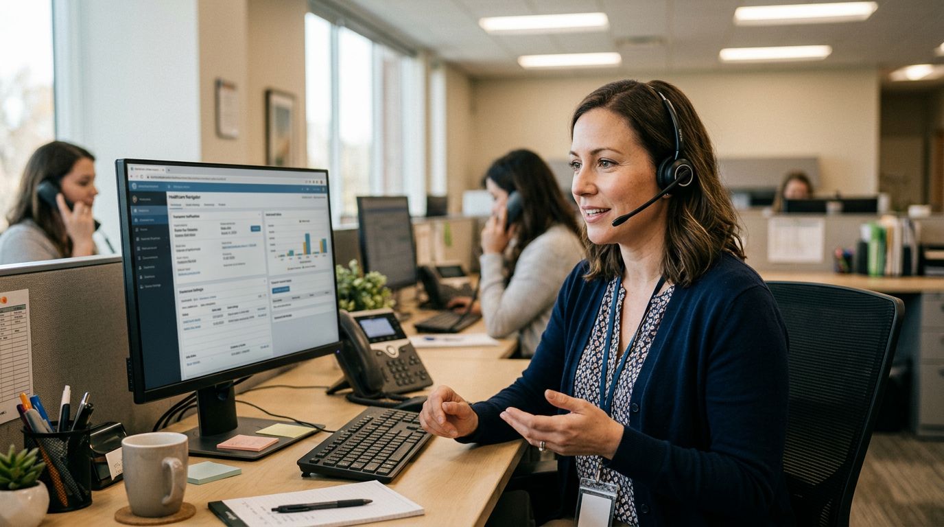 Healthcare navigator helping patient verify Aetna insurance benefits by phone