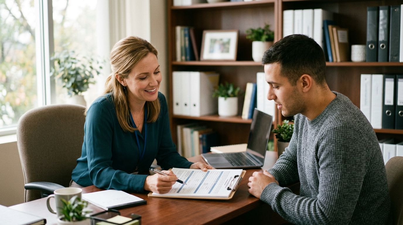 Admissions counselor reviewing Anthem insurance benefits with patient at treatment center