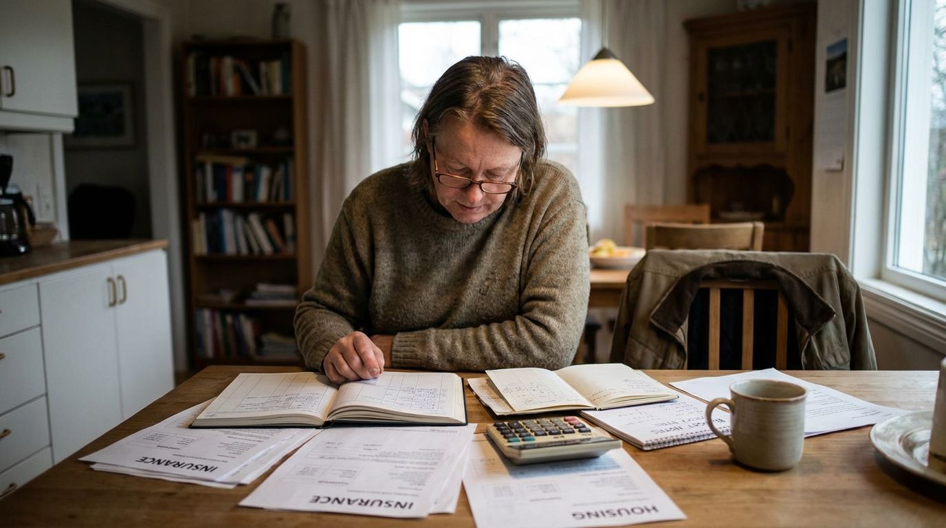 Person reviewing financial documents and budget for recovery housing at kitchen table