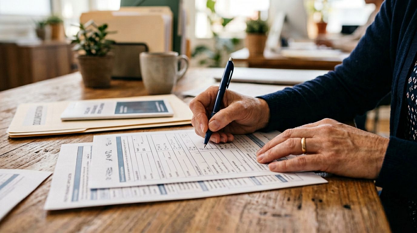 Person filling out health insurance enrollment application for Indiana Medicaid