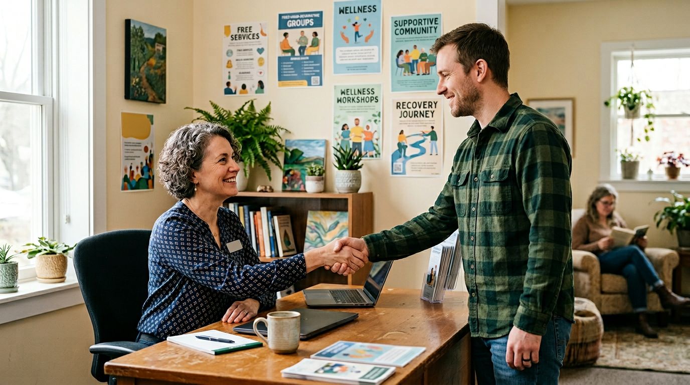 Counselor greeting patient at nonprofit treatment center intake desk
