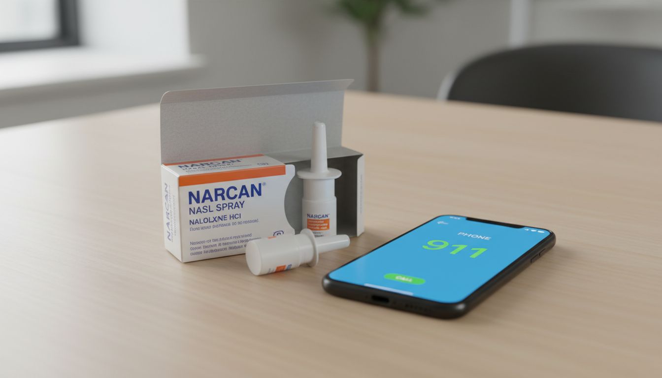 Naloxone nasal spray kit next to phone showing 911, life-saving overdose response