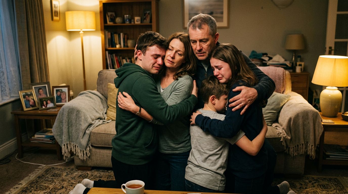 Family embracing in healing moment during addiction recovery