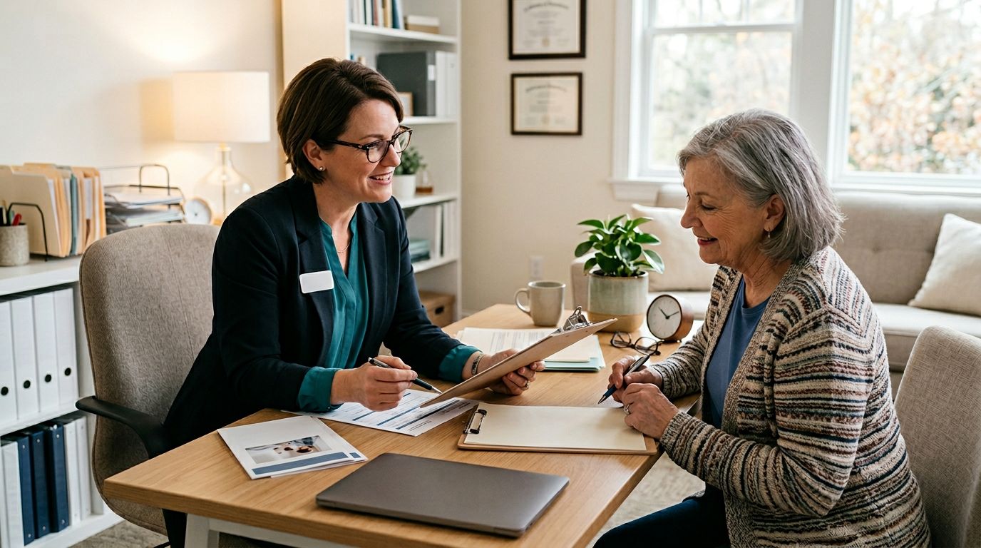 Healthcare counselor helping patient review insurance and treatment payment options