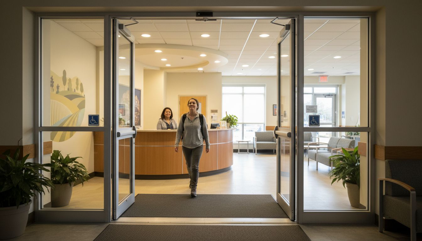 Person entering community mental health center lobby