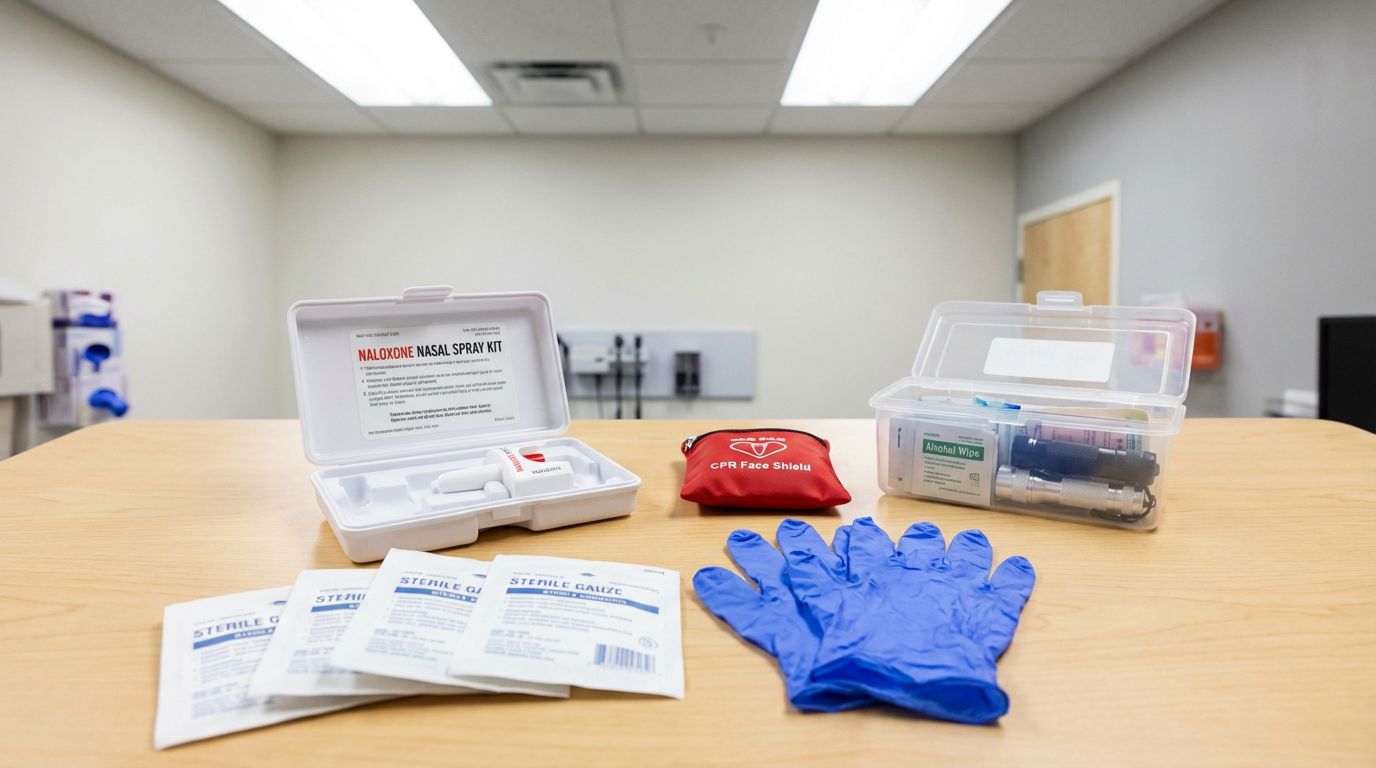Naloxone nasal spray kit with first aid supplies for overdose reversal