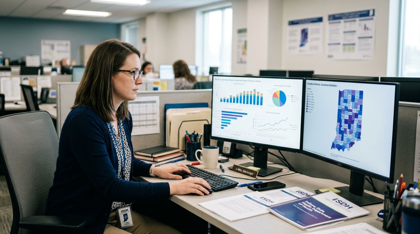 Public health analyst reviewing Indiana overdose data on computer screens