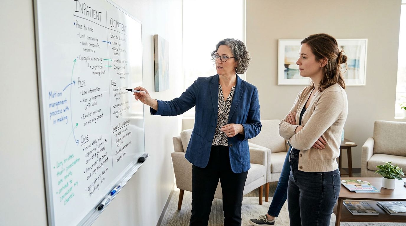 Counselor helping patient compare treatment level options on whiteboard