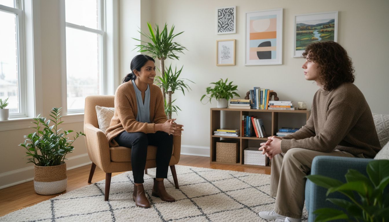 Compassionate therapy session in affirming clinical environment