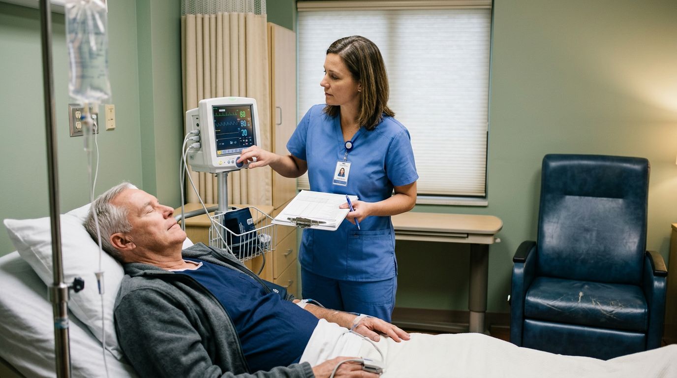 Medical professional monitoring patient vital signs during supervised detox