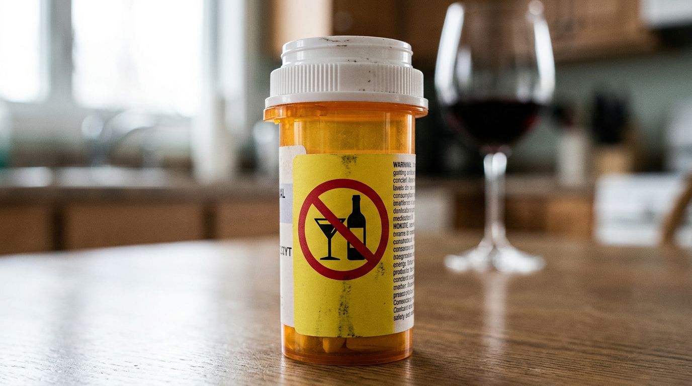 Prescription medication bottle with wine glass in background showing drug interaction danger
