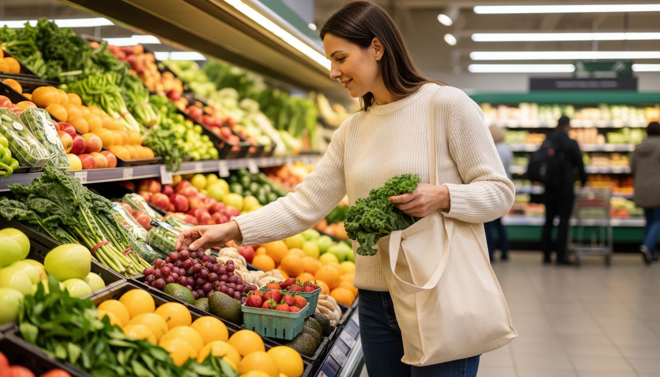 Person selecting fresh produce in grocery store for recovery nutrition