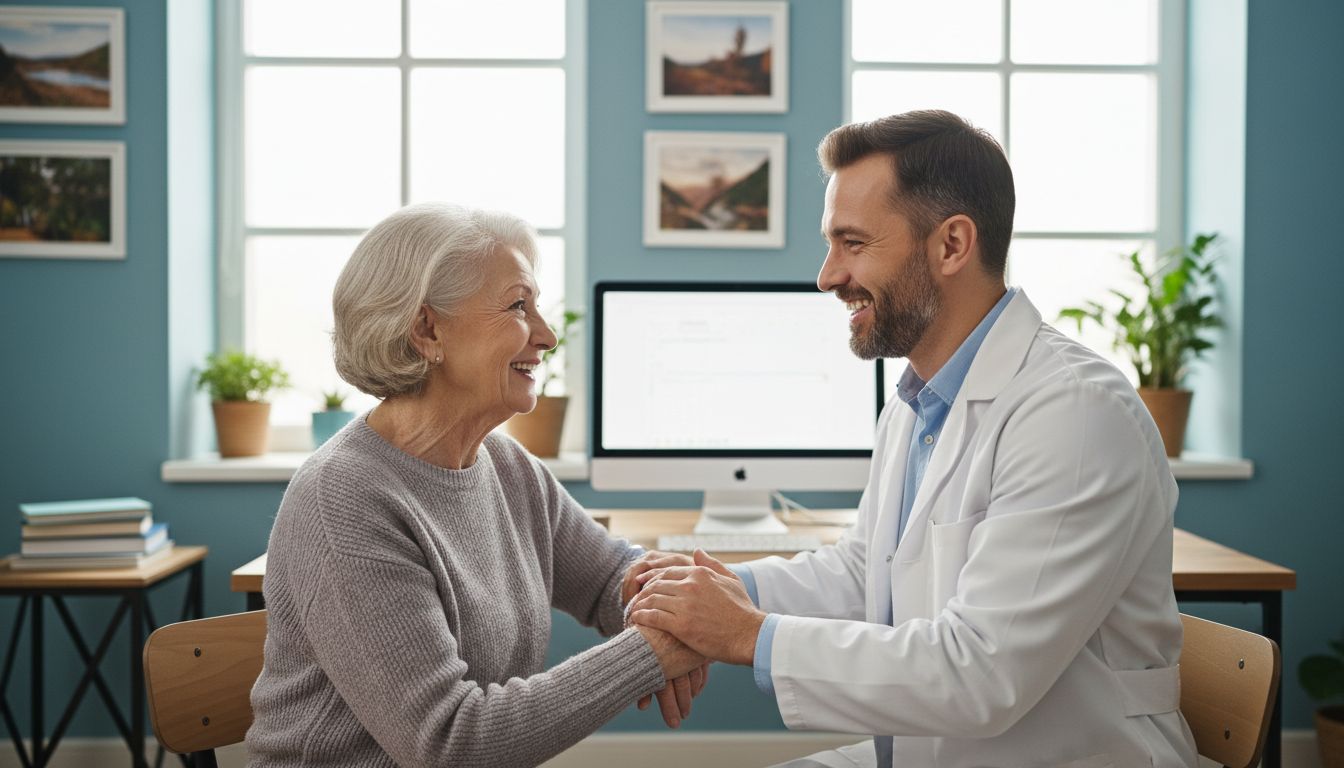 Older adult in compassionate conversation with doctor about treatment options