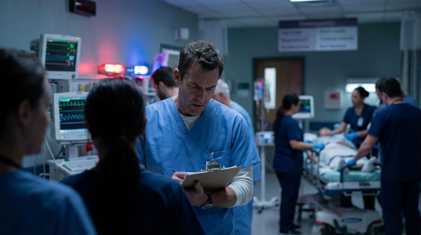 Emergency room doctor reviewing patient chart during overdose response