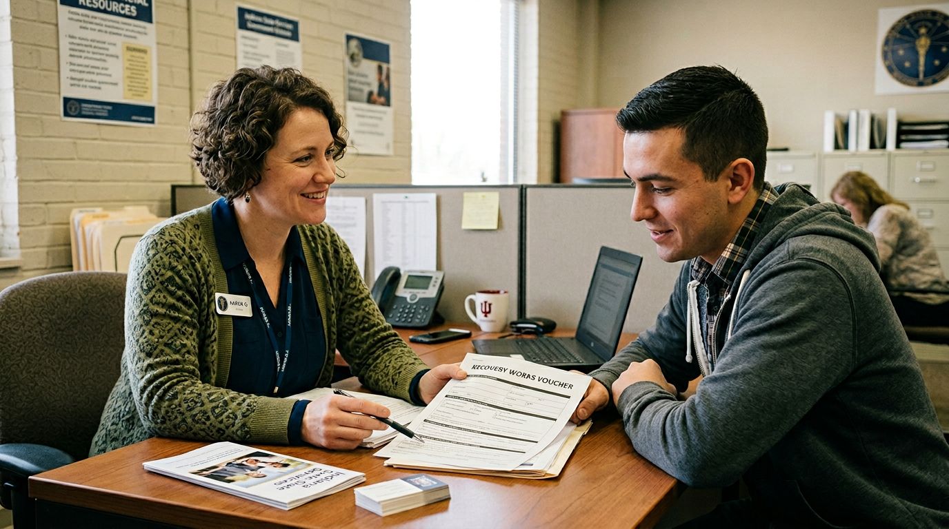 Person meeting with Recovery Works case worker at government services office