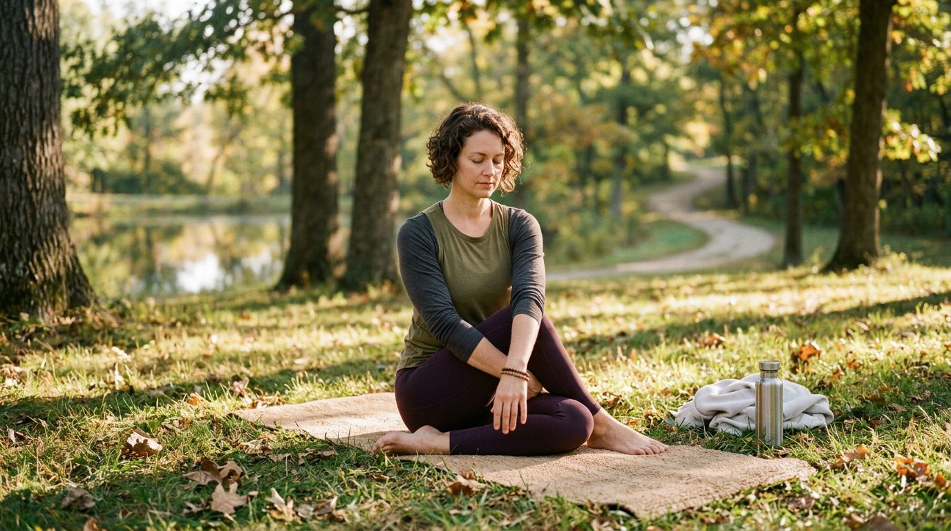 Person practicing yoga outdoors in Indiana park as part of recovery wellness