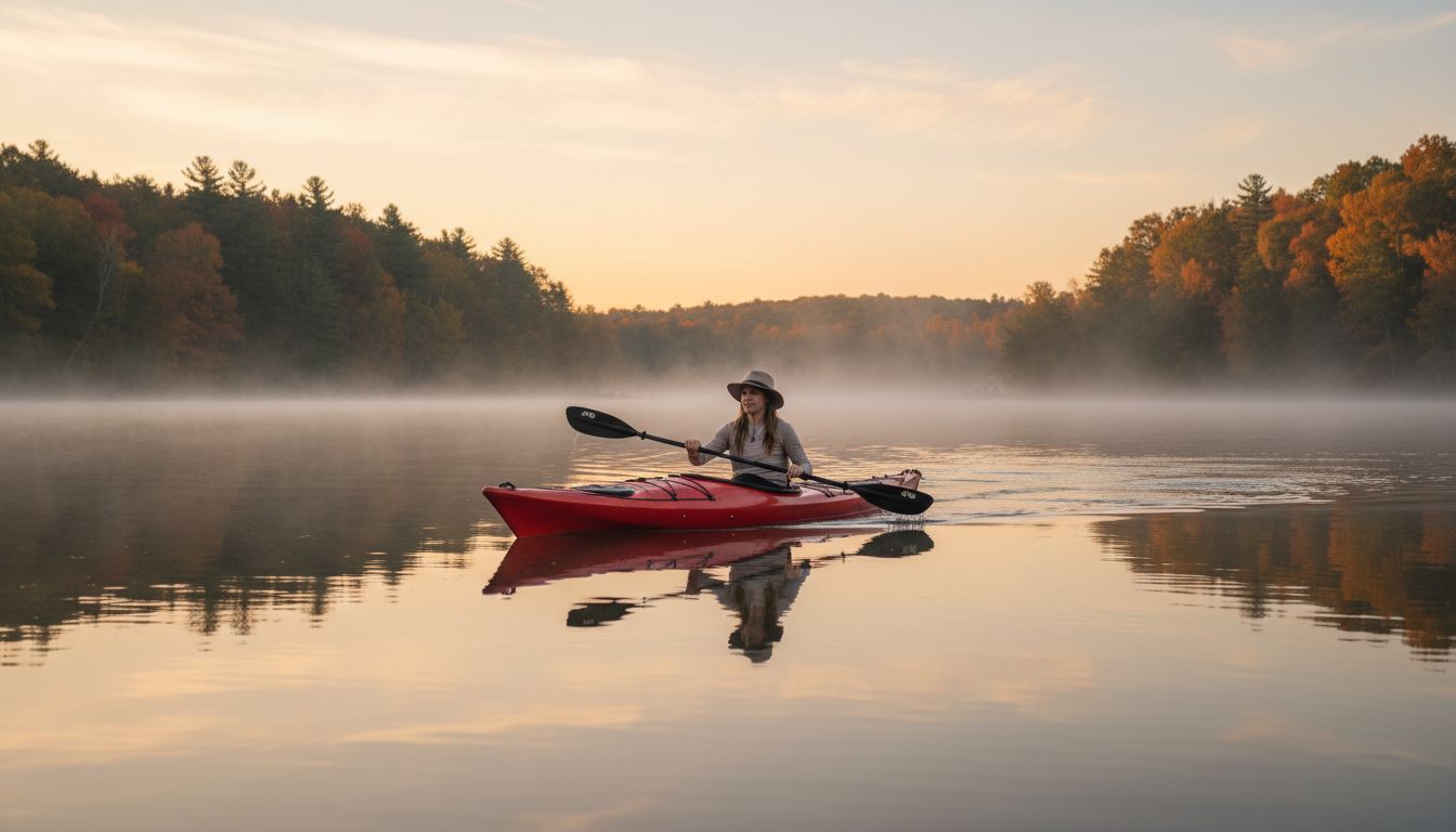 Person kayaking on calm Indiana lake at golden hour