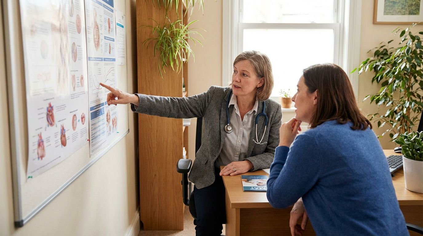 Doctor discussing MAT medication options with patient in clinic