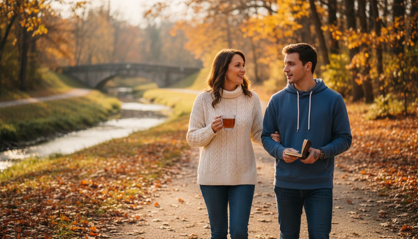 Two people walking together through Indiana park, peer recovery support