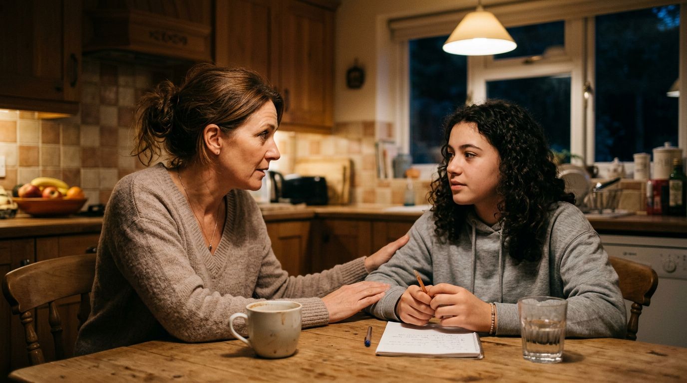 Parent having caring conversation about drugs with teenager at kitchen table