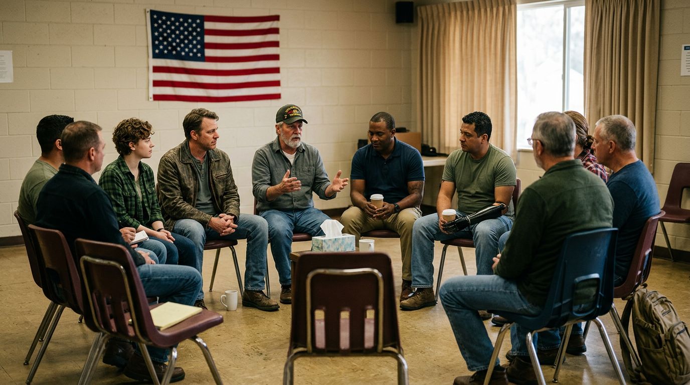 Veteran peer support group meeting in community center