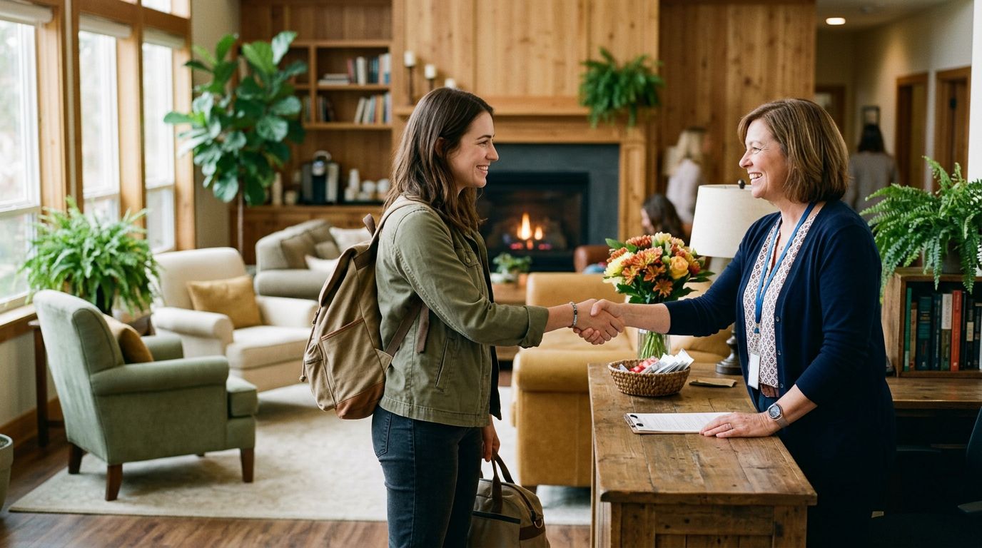 Person being warmly greeted by staff at residential treatment center front desk