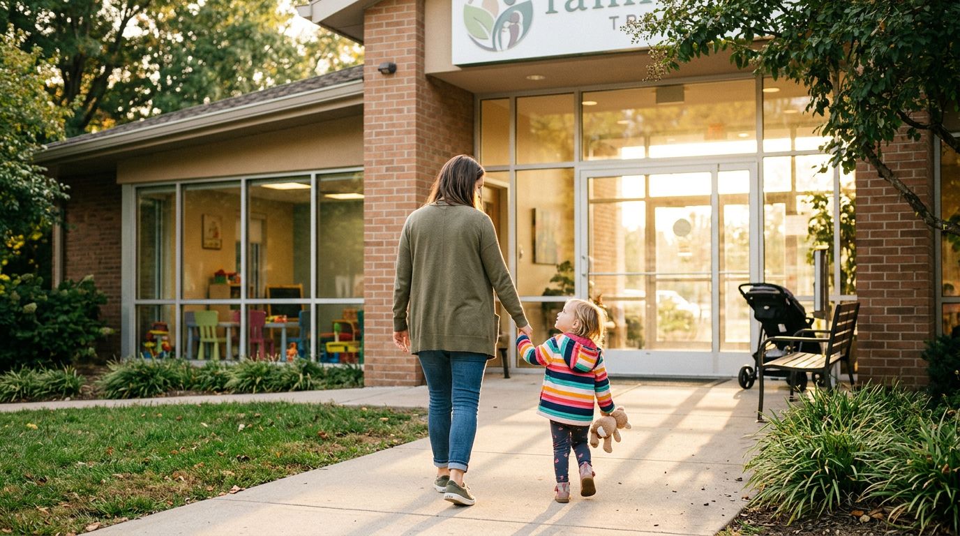 Mother and child walking into welcoming treatment facility