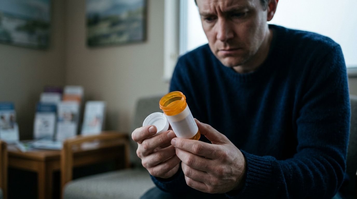 Close-up of hands holding empty prescription bottle representing benzodiazepine dependence